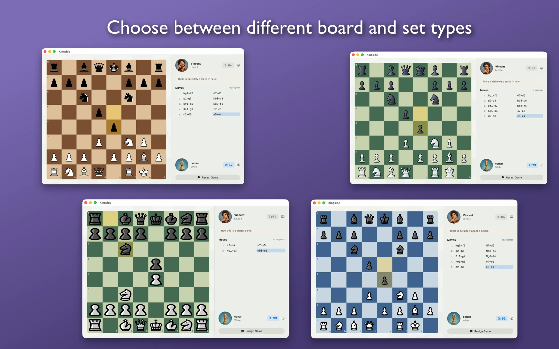 Four different chess boards and piece sets in Kingside