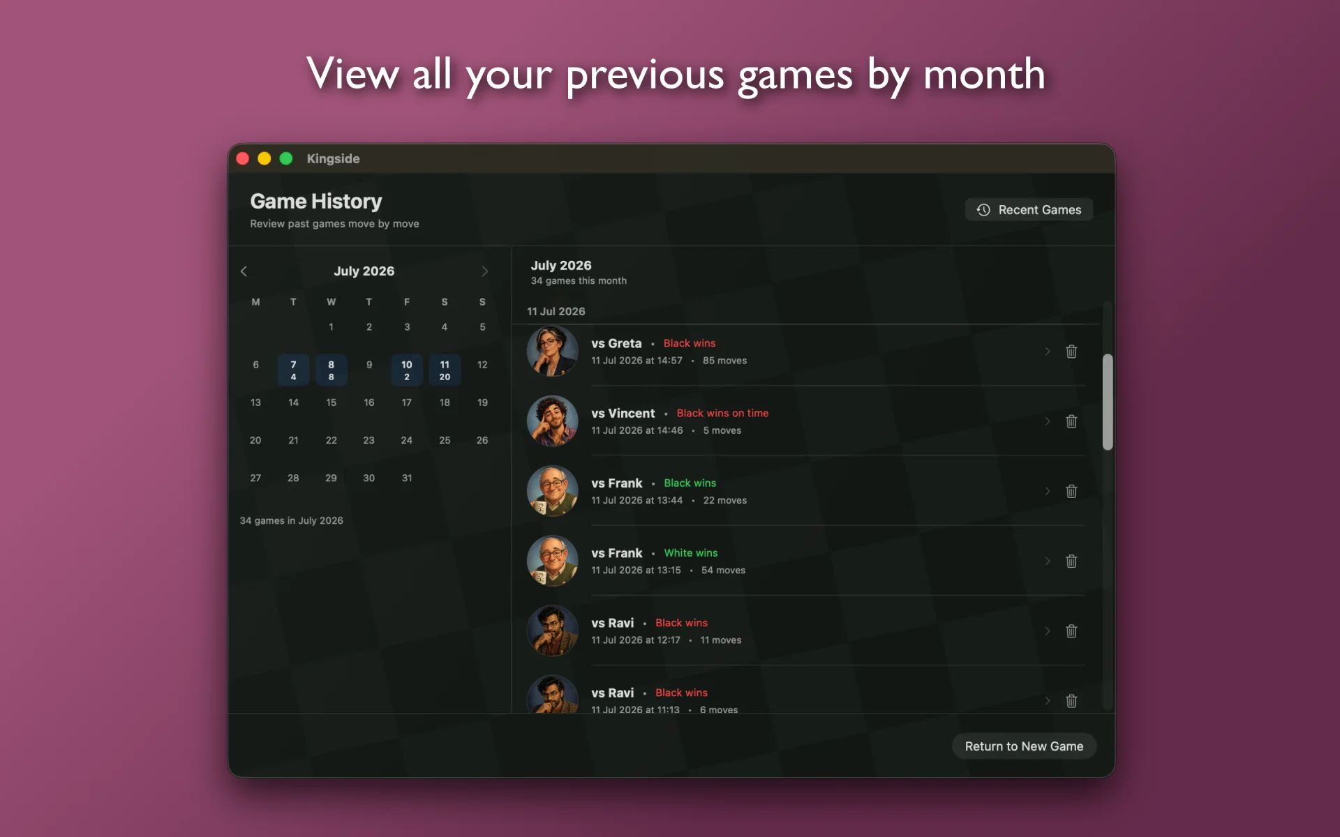 Kingside monthly game history in dark mode