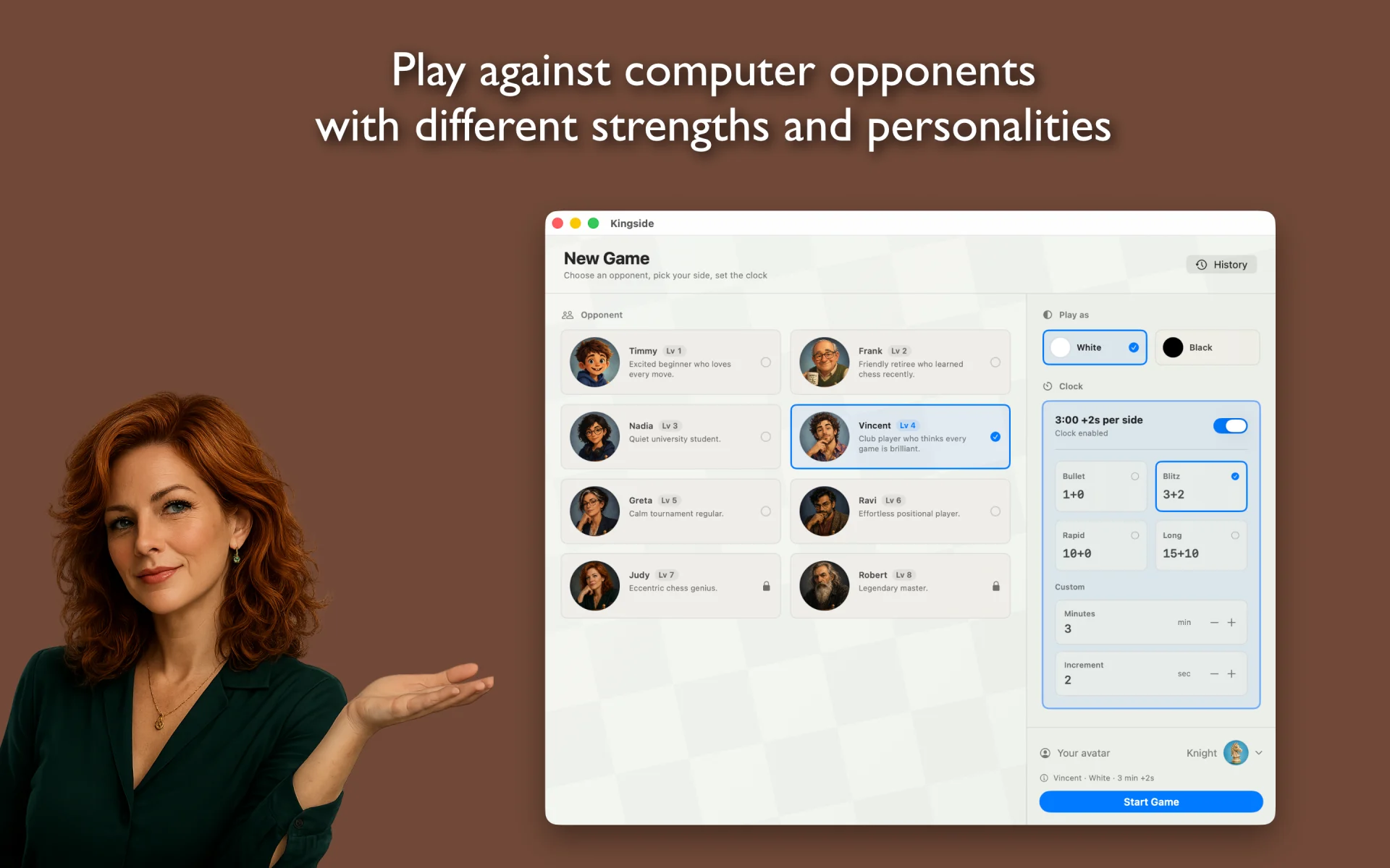 Kingside opponent and time control selection screen